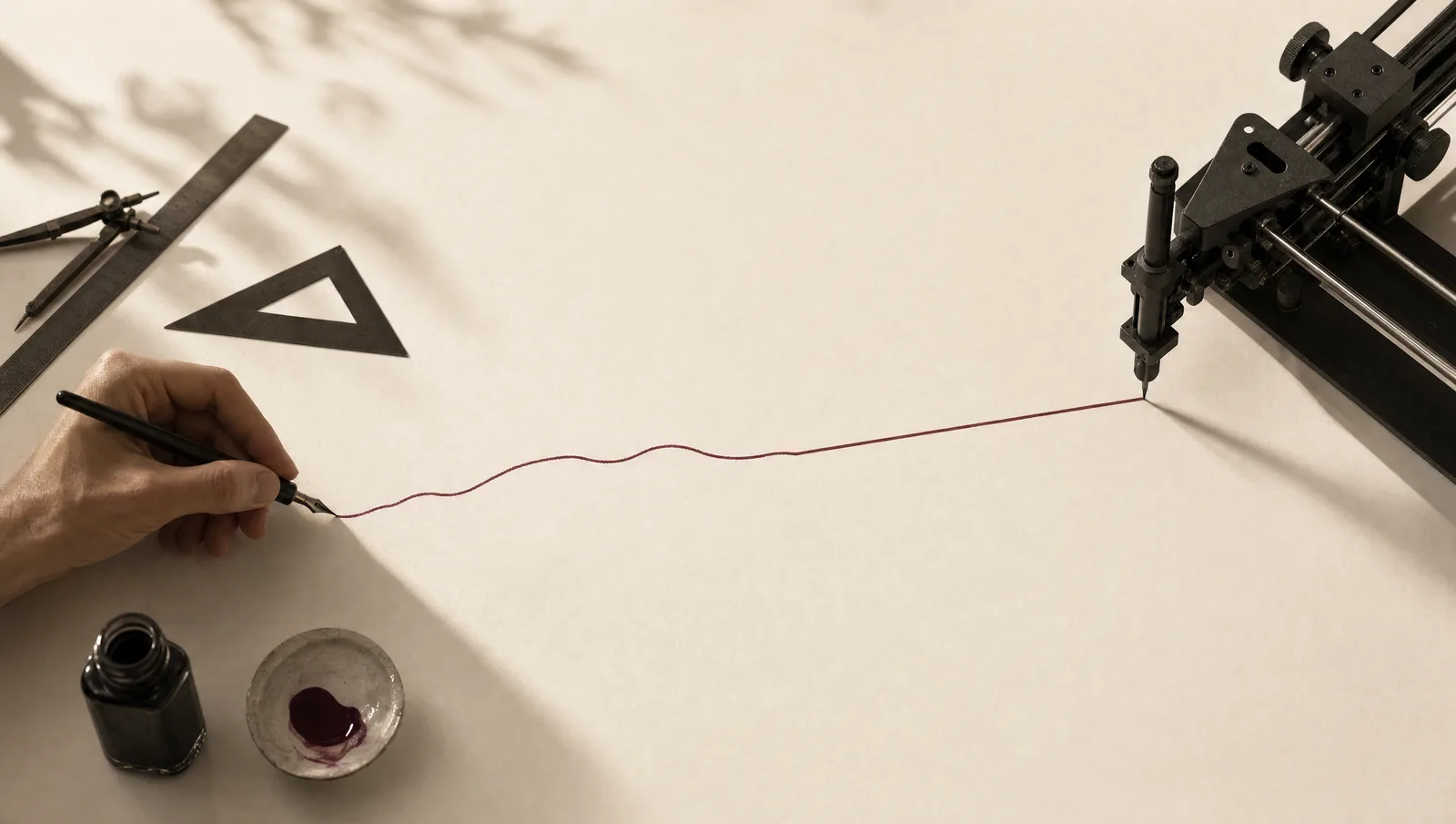 Abstract illustration: a hand-drawn line and a machine-straight line converging into one stroke
